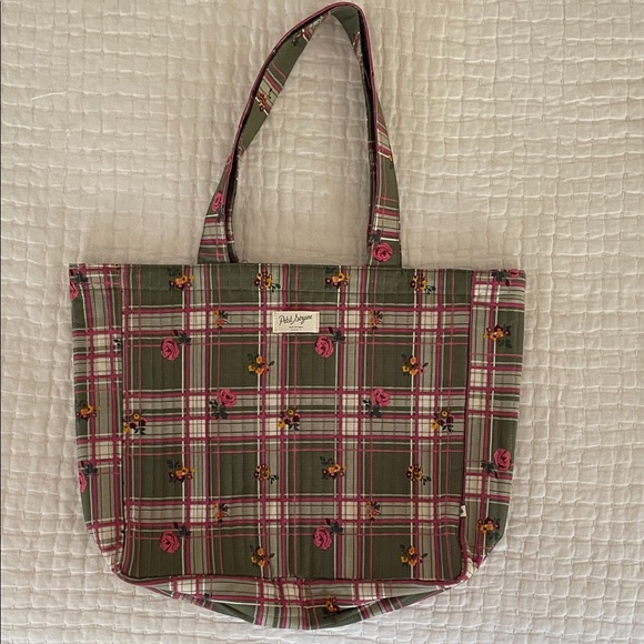 Sezane Quilted Green Plaid Tote with Floral Design - Picture 1 of 6